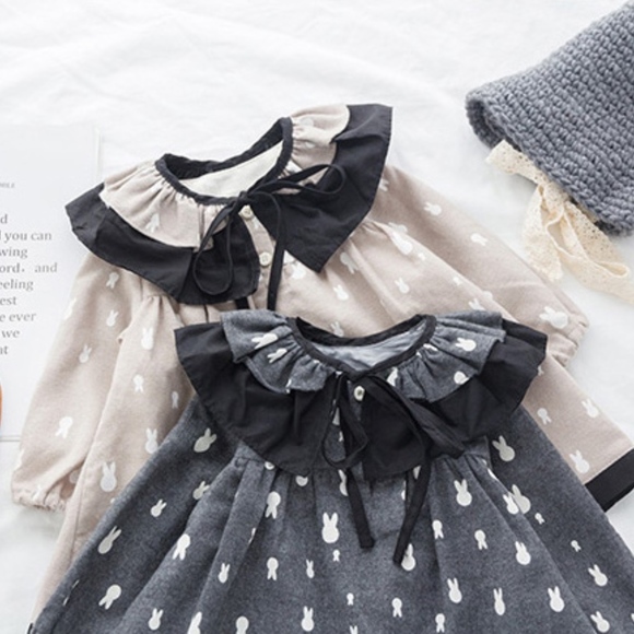 Toddler Girls Bunny Pattern Long Sleeve Gray Dress - Picture 5 of 8